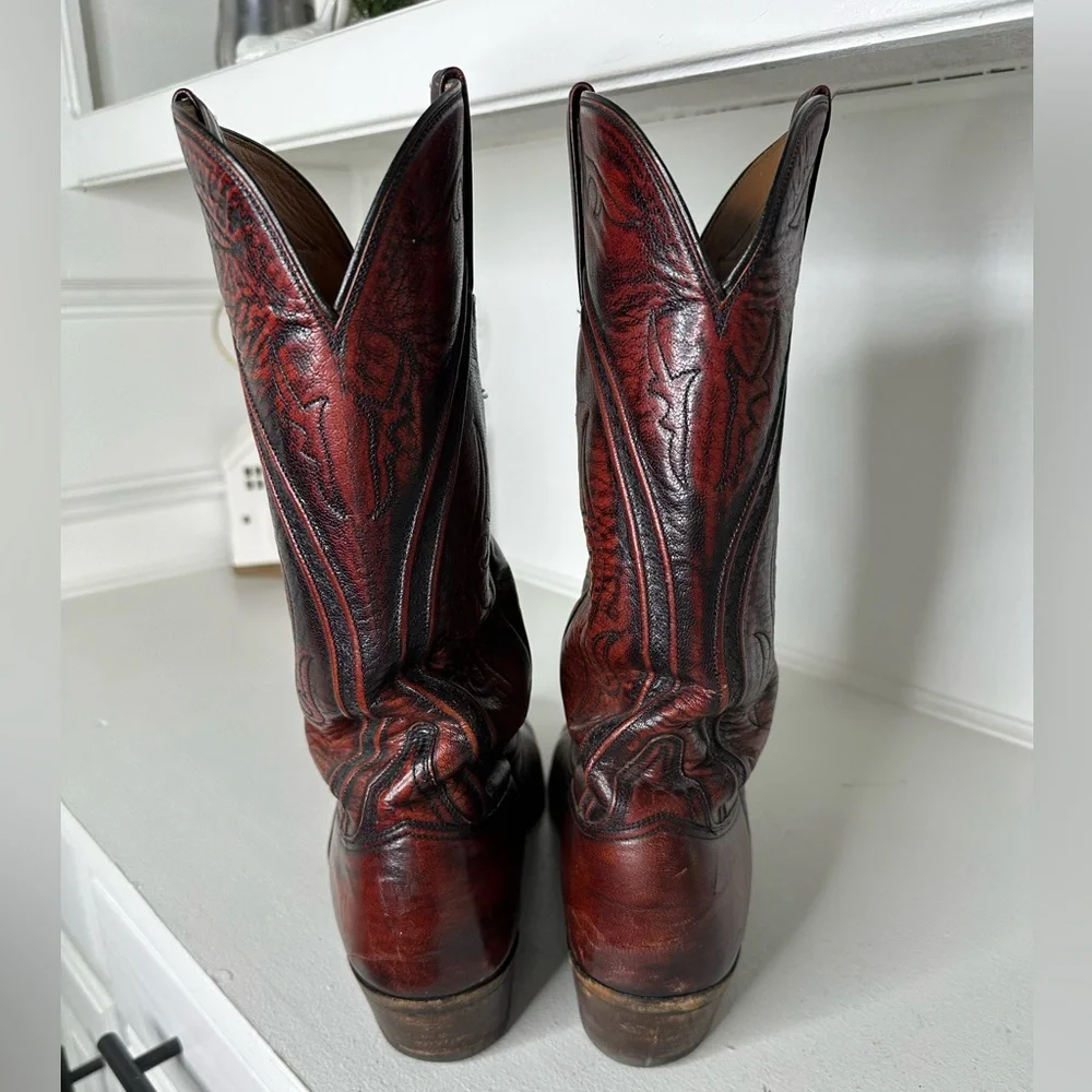 Vintage Lucchese Men’s 12B Cowboy Boots Brown Burgundy Handmade Leather Western - Picture 7 of 11
